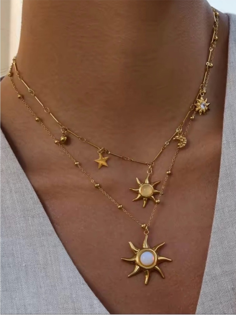 Gold-Tone Celestial Sunburst Opal Inlay Pendant  Dainty Beaded Necklace
